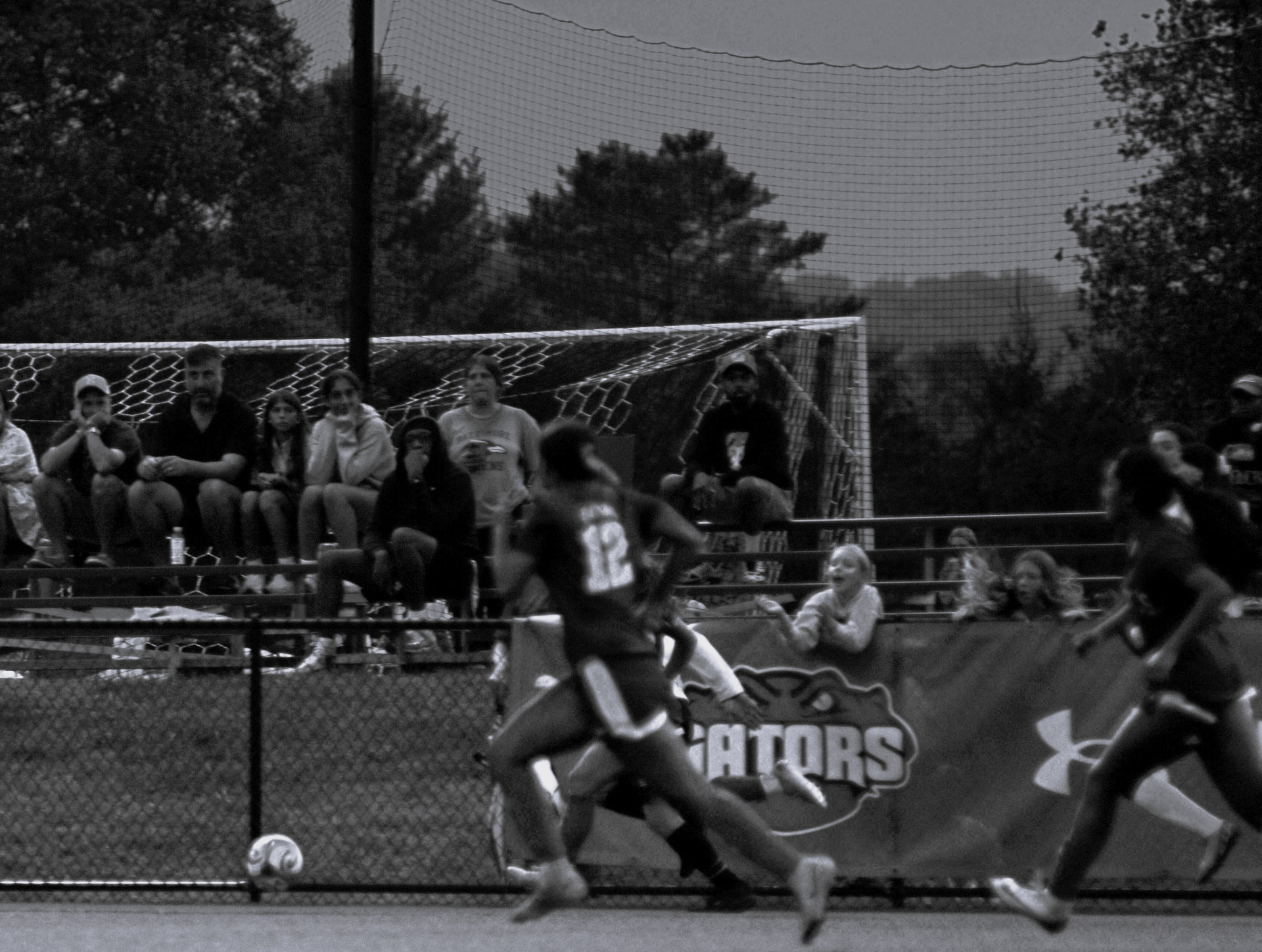 Gators number 12 races for the ball in black and white