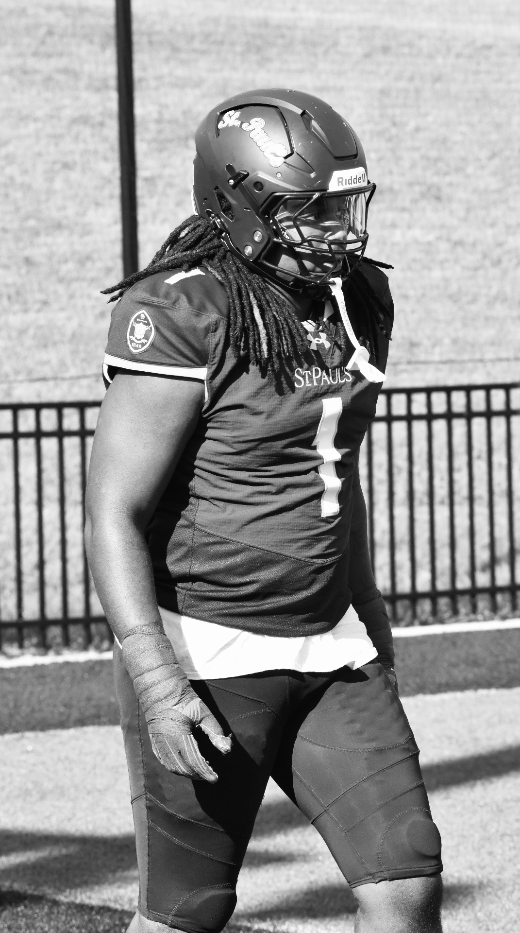 #1 on the sideline, black and white